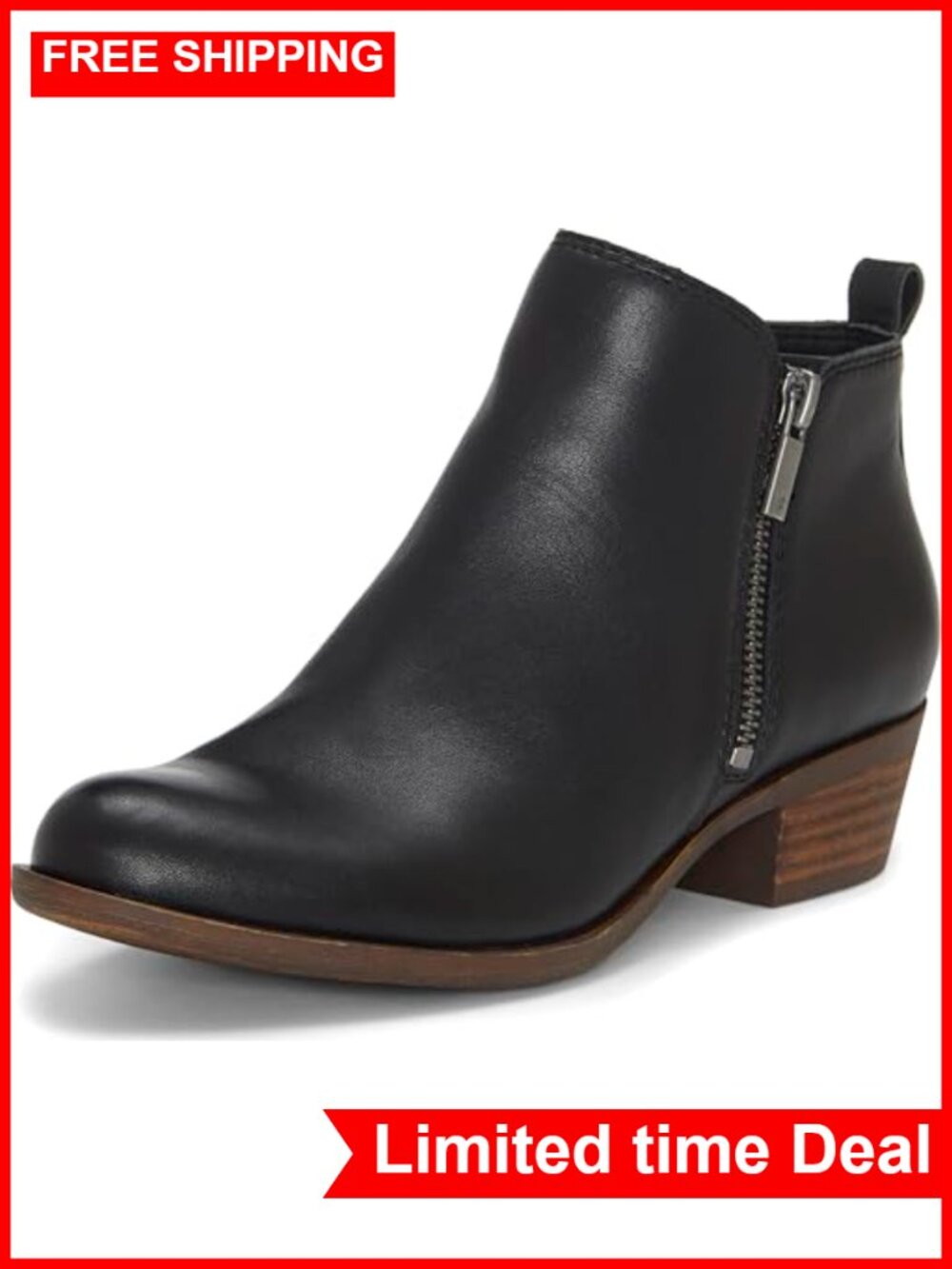 Leather Ankle Booties Dual Zip Stacked Heel Round Toe